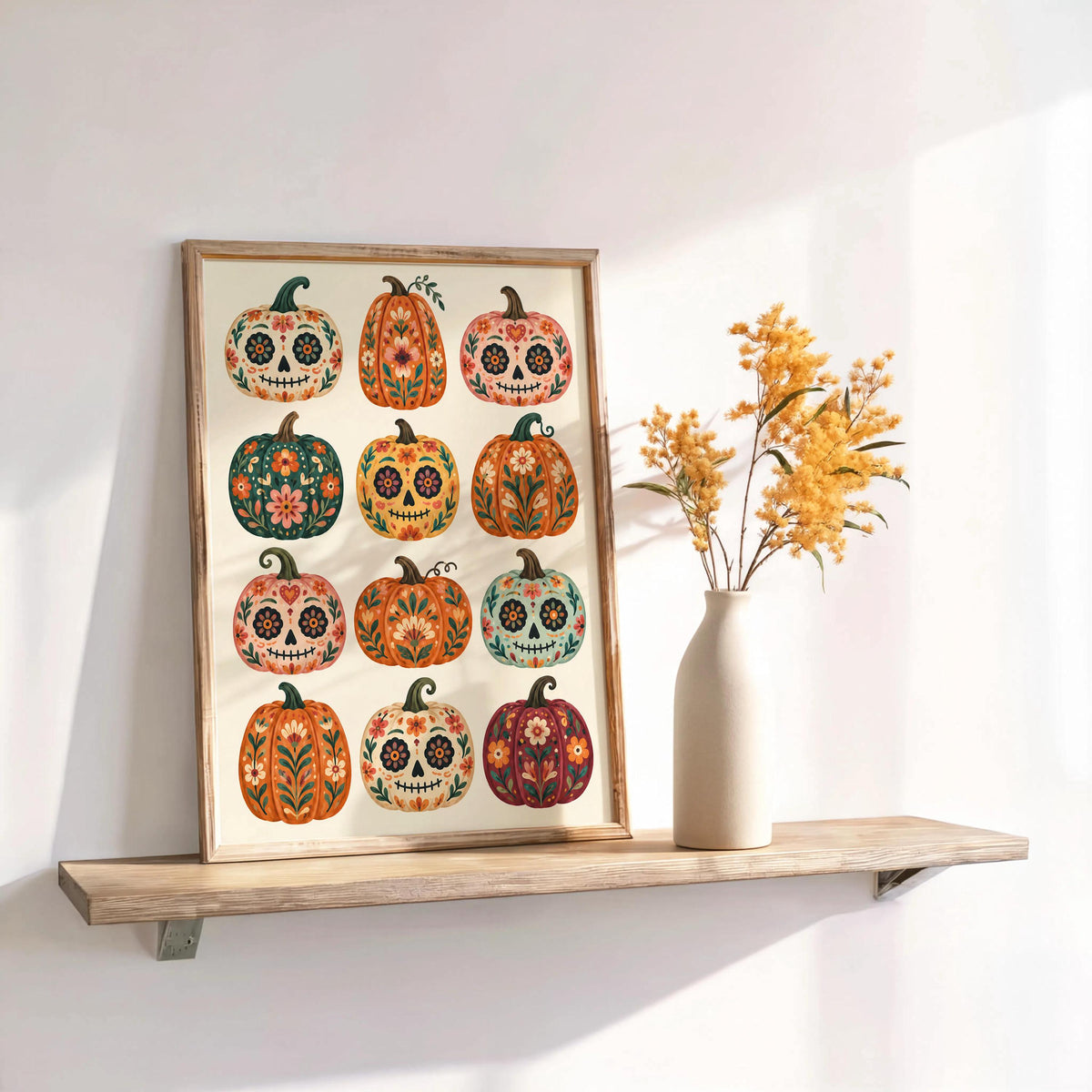 Mexican Pumpkin Wall Art, Dia de los Muertos Folk Print, Whimsical Calavera Colorful Halloween Autumn Decor, Mexico Sugar Skull Poster