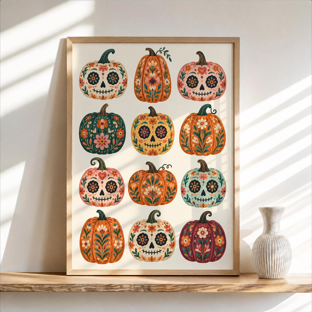 Mexican Pumpkin Wall Art, Dia de los Muertos Folk Print, Whimsical Calavera Colorful Halloween Autumn Decor, Mexico Sugar Skull Poster