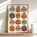 Mexican Pumpkin Wall Art, Dia de los Muertos Folk Print, Whimsical Calavera Colorful Halloween Autumn Decor, Mexico Sugar Skull Poster