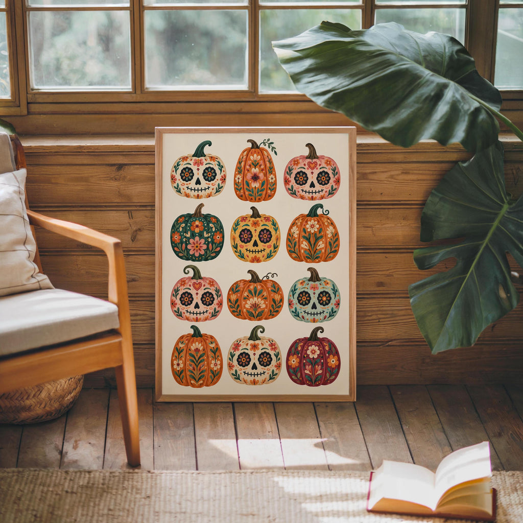 Mexican Pumpkin Wall Art, Dia de los Muertos Folk Print, Whimsical Calavera Colorful Halloween Autumn Decor, Mexico Sugar Skull Poster