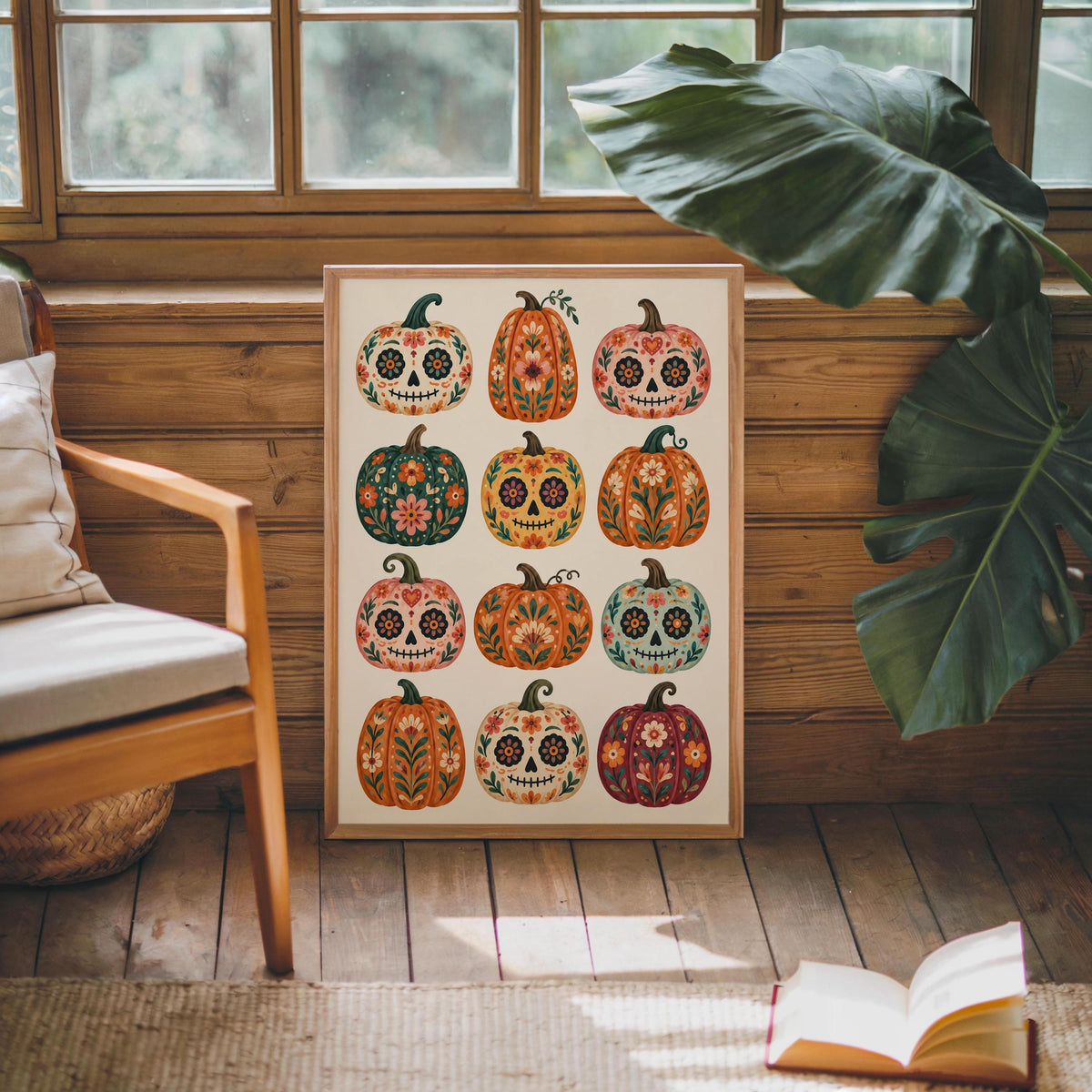 Mexican Pumpkin Wall Art, Dia de los Muertos Folk Print, Whimsical Calavera Colorful Halloween Autumn Decor, Mexico Sugar Skull Poster