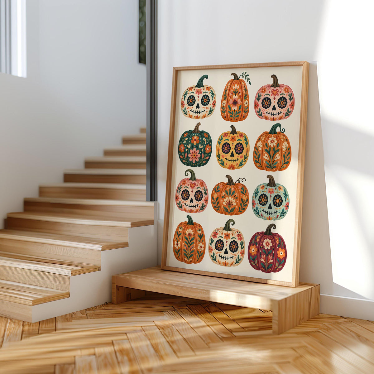Mexican Pumpkin Wall Art, Dia de los Muertos Folk Print, Whimsical Calavera Colorful Halloween Autumn Decor, Mexico Sugar Skull Poster
