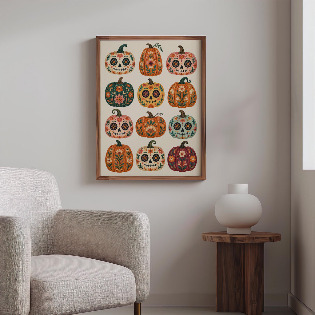Mexican Pumpkin Wall Art, Dia de los Muertos Folk Print, Whimsical Calavera Colorful Halloween Autumn Decor, Mexico Sugar Skull Poster