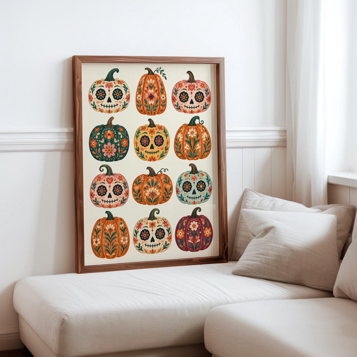 Mexican Pumpkin Wall Art, Dia de los Muertos Folk Print, Whimsical Calavera Colorful Halloween Autumn Decor, Mexico Sugar Skull Poster