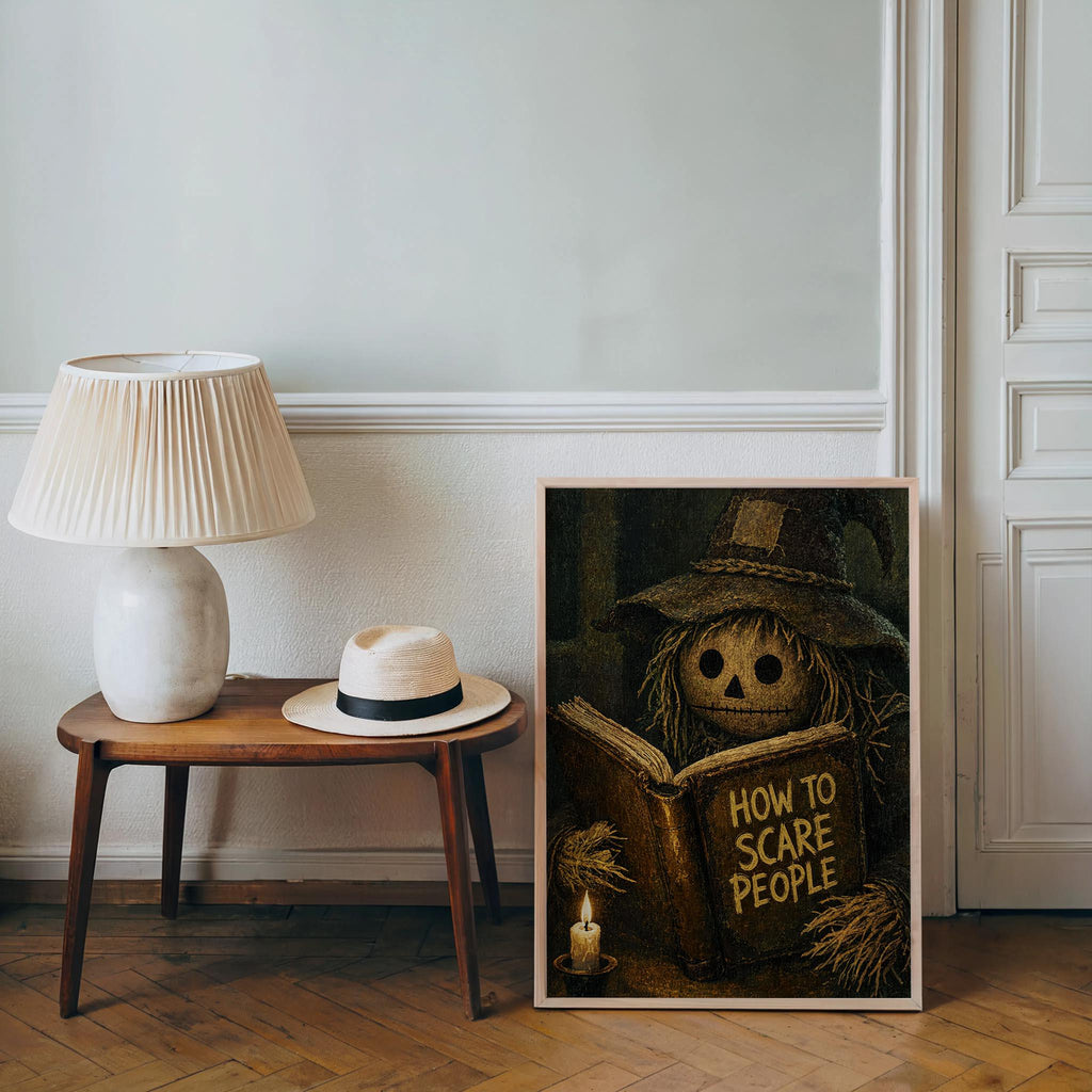 Scarecrow Reading Book Wall Art, Dark Academia Halloween Print, Moody Vintage Gothic Autumn Decor, Funny Spooky Season Poster