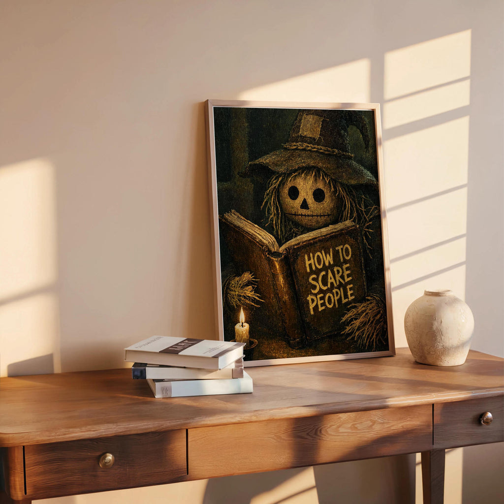Scarecrow Reading Book Wall Art, Dark Academia Halloween Print, Moody Vintage Gothic Autumn Decor, Funny Spooky Season Poster