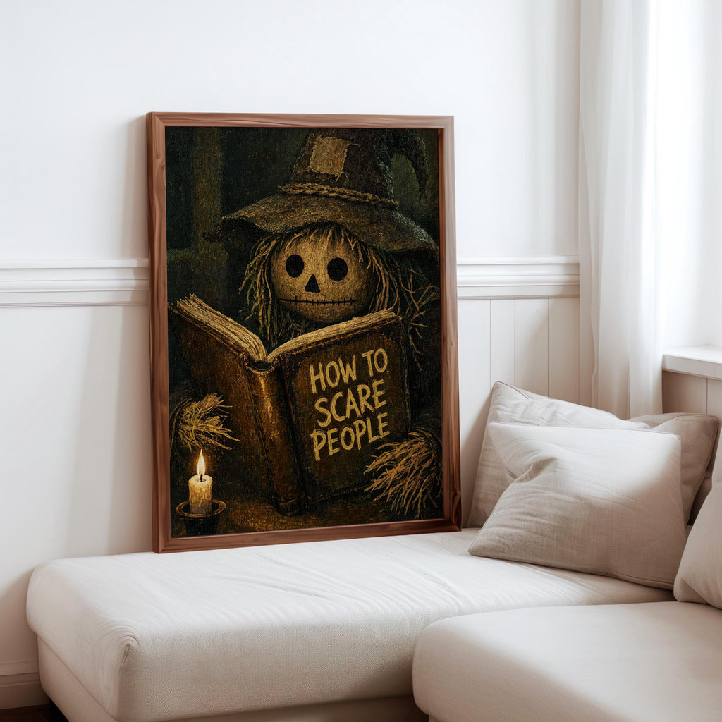 Scarecrow Reading Book Wall Art, Dark Academia Halloween Print, Moody Vintage Gothic Autumn Decor, Funny Spooky Season Poster