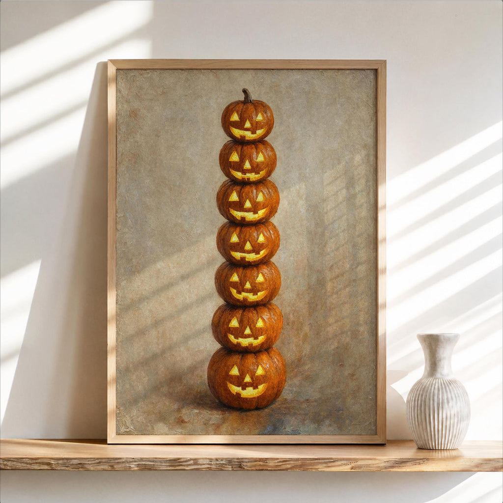 Jack O Lantern Pumpkin Totem Wall Art, Vintage Halloween Print, Funny Dark Academia Gift, Witchy Goth Decor, Still Life Painting