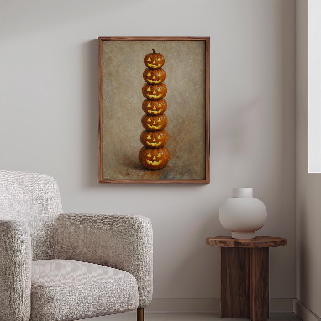 Jack O Lantern Pumpkin Totem Wall Art, Vintage Halloween Print, Funny Dark Academia Gift, Witchy Goth Decor, Still Life Painting