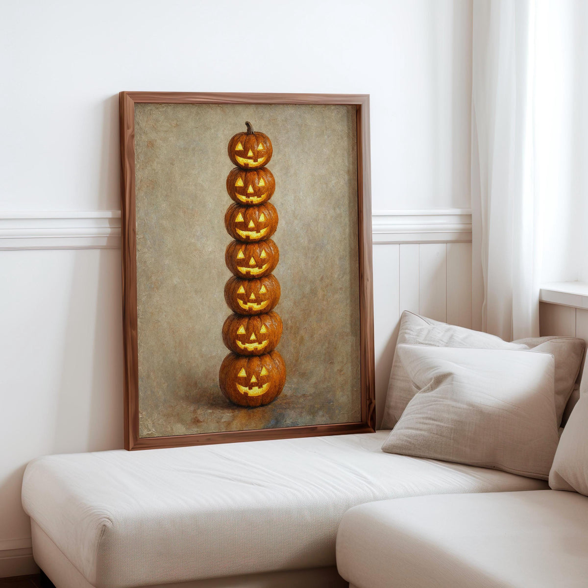 Jack O Lantern Pumpkin Totem Wall Art, Vintage Halloween Print, Funny Dark Academia Gift, Witchy Goth Decor, Still Life Painting