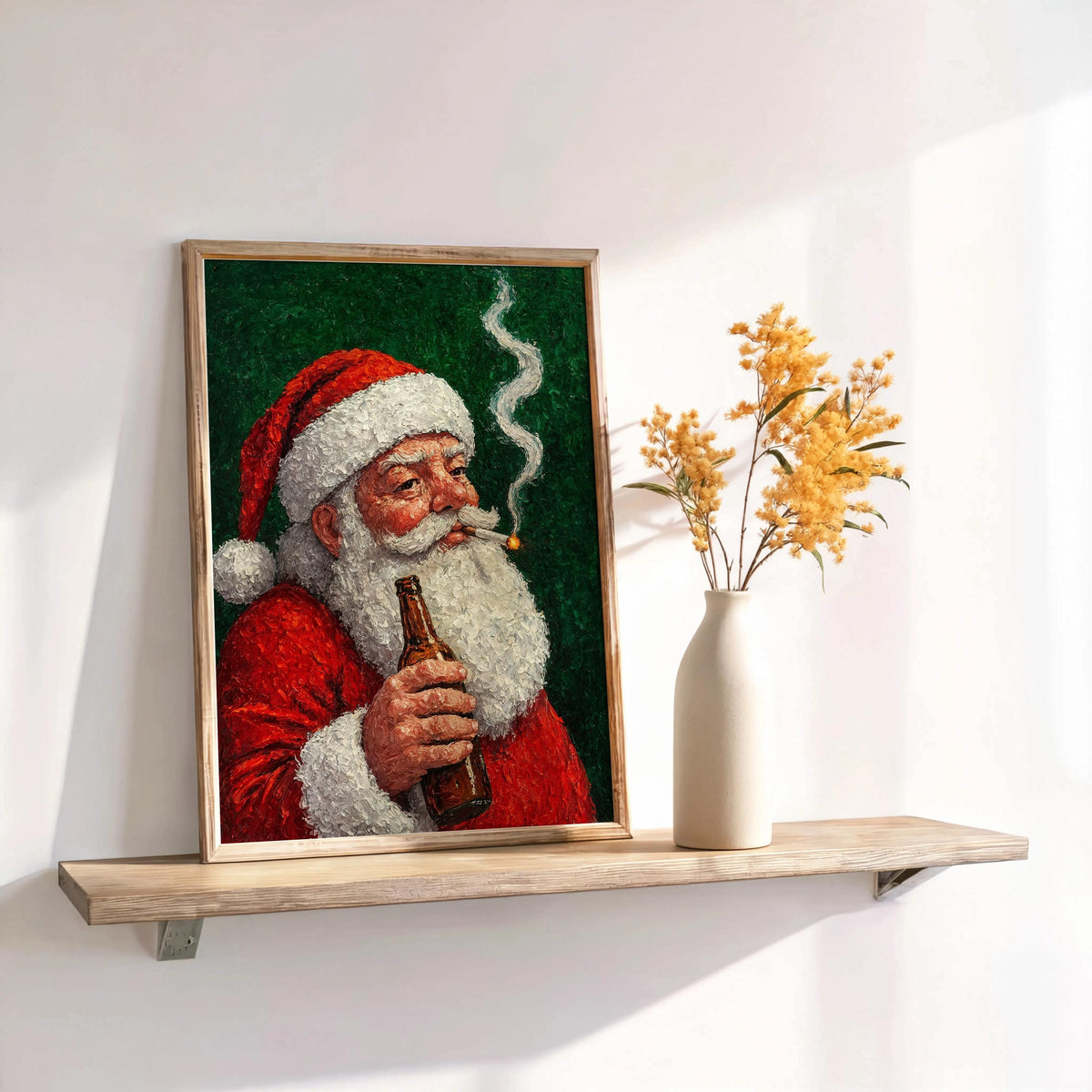 Smoking Santa Claus Wall Art, Funny Christmas Print, Whimsical Bar Cart Decor, Vintage Cigarette & Beer Poster, Holiday Season Humor Gift