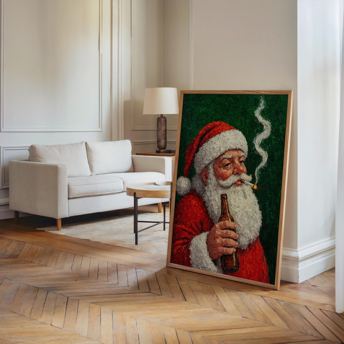 Smoking Santa Claus Wall Art, Funny Christmas Print, Whimsical Bar Cart Decor, Vintage Cigarette & Beer Poster, Holiday Season Humor Gift
