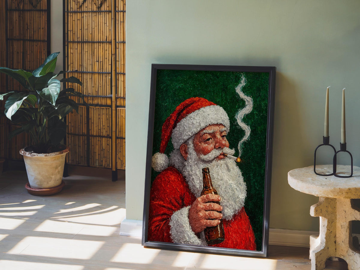 Smoking Santa Claus Wall Art, Funny Christmas Print, Whimsical Bar Cart Decor, Vintage Cigarette & Beer Poster, Holiday Season Humor Gift