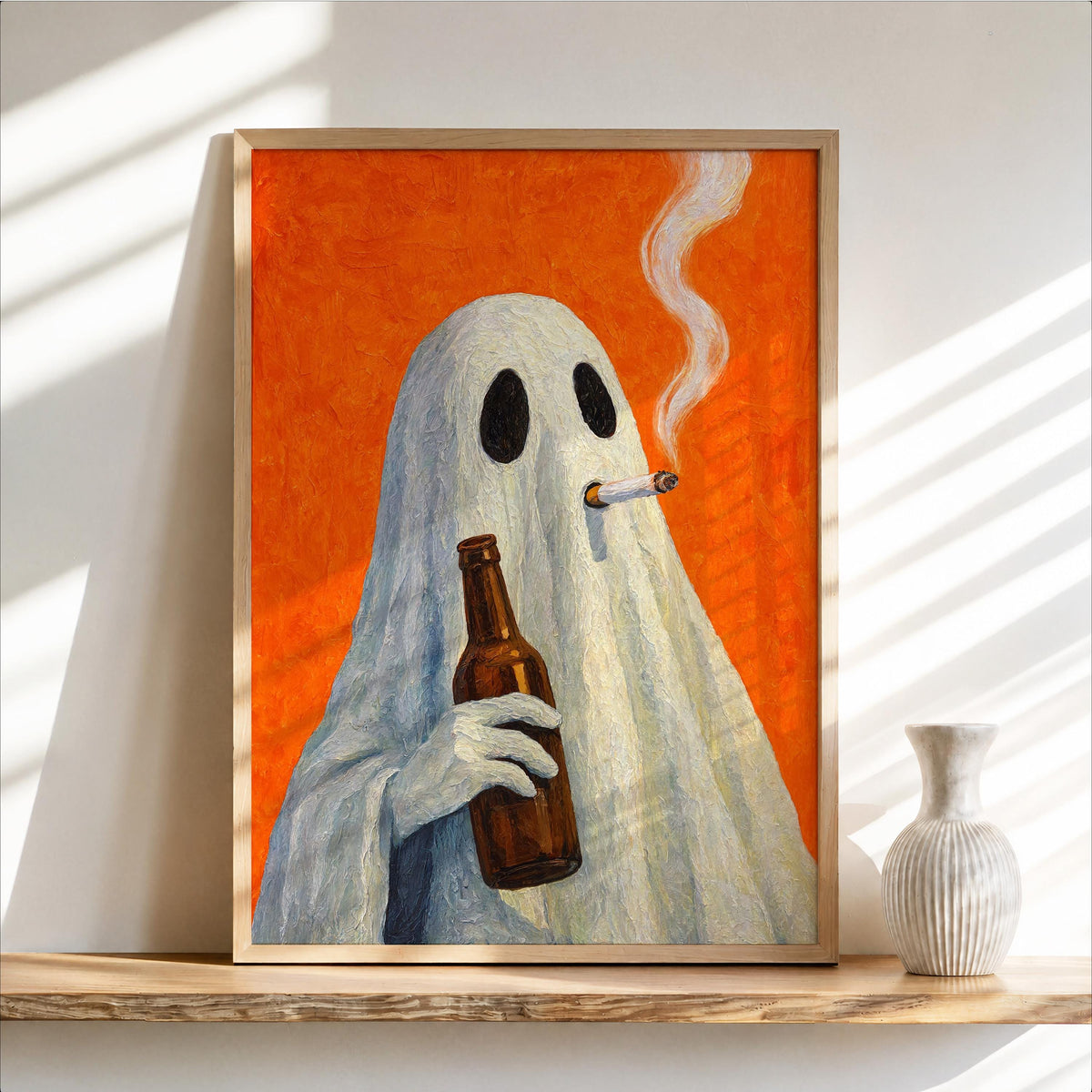 Smoking Ghost Wall Art, Funny Halloween Ghost Drinking Beer Print, Whimsical Bar Cart Decor, Quirky Spooky Season Gift, Autumn Poster