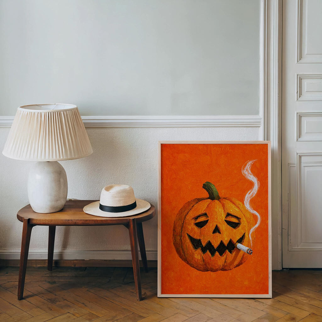 Smoking Jack O Lantern Wall Art, Funny Halloween Pumpkin with Cigarette Print, Whimsical Bar Cart Decor, Quirky Spooky Season Decor