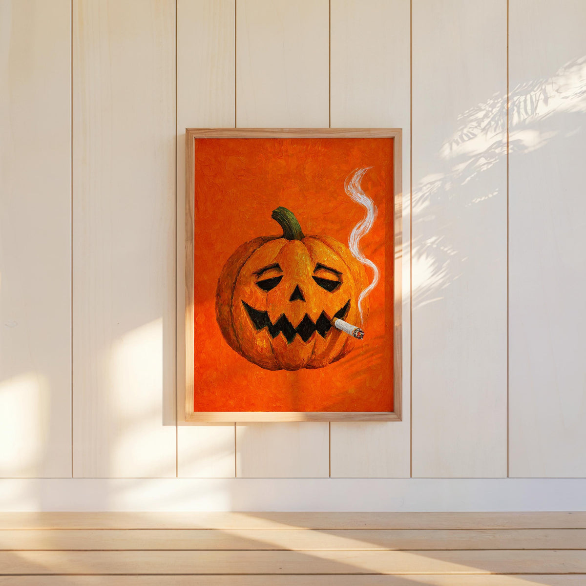 Smoking Jack O Lantern Wall Art, Funny Halloween Pumpkin with Cigarette Print, Whimsical Bar Cart Decor, Quirky Spooky Season Decor