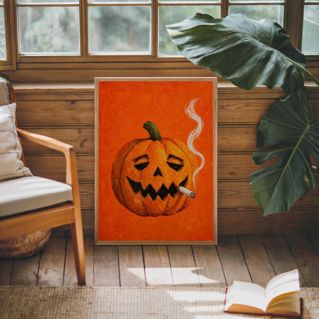 Smoking Jack O Lantern Wall Art, Funny Halloween Pumpkin with Cigarette Print, Whimsical Bar Cart Decor, Quirky Spooky Season Decor