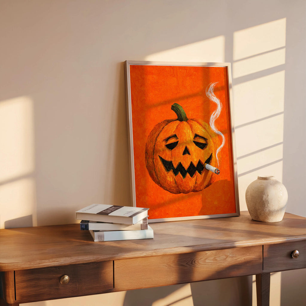 Smoking Jack O Lantern Wall Art, Funny Halloween Pumpkin with Cigarette Print, Whimsical Bar Cart Decor, Quirky Spooky Season Decor