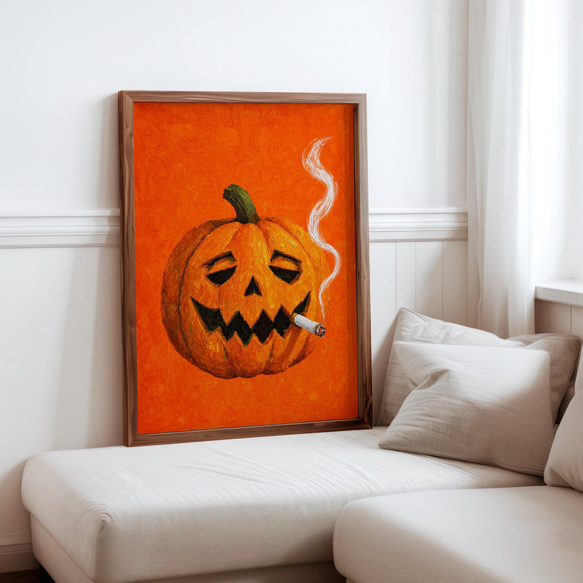 Smoking Jack O Lantern Wall Art, Funny Halloween Pumpkin with Cigarette Print, Whimsical Bar Cart Decor, Quirky Spooky Season Decor