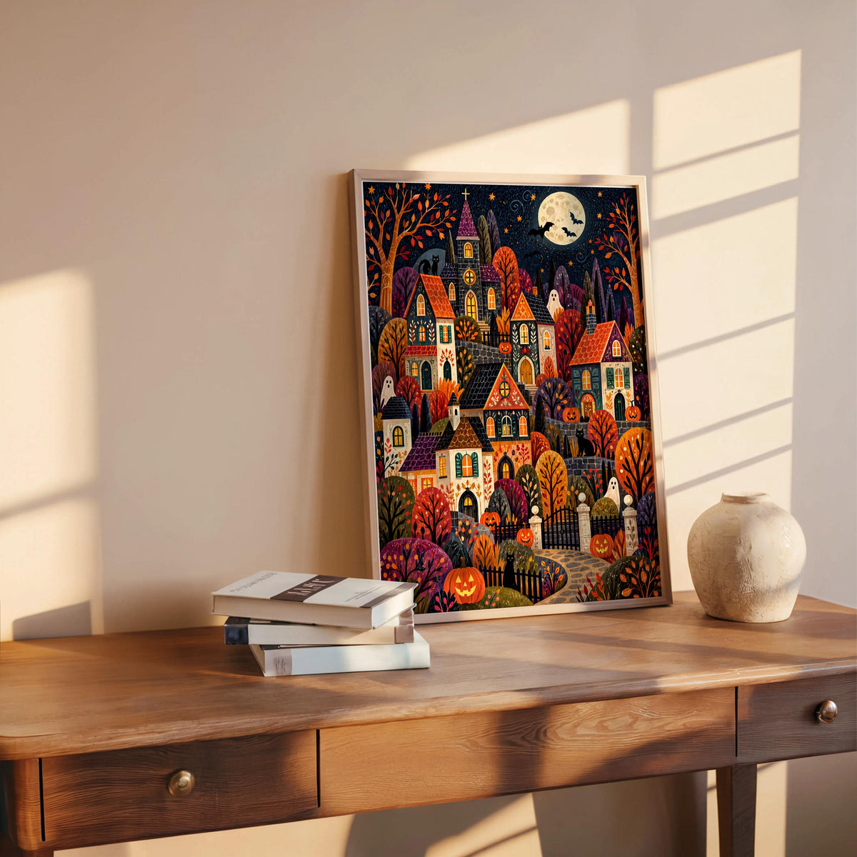 Spooky Village Wall Art, Cute Halloween Folk Art Print, Cozy Autumn Pumpkin Town Decor, Whimsical Fall Painting