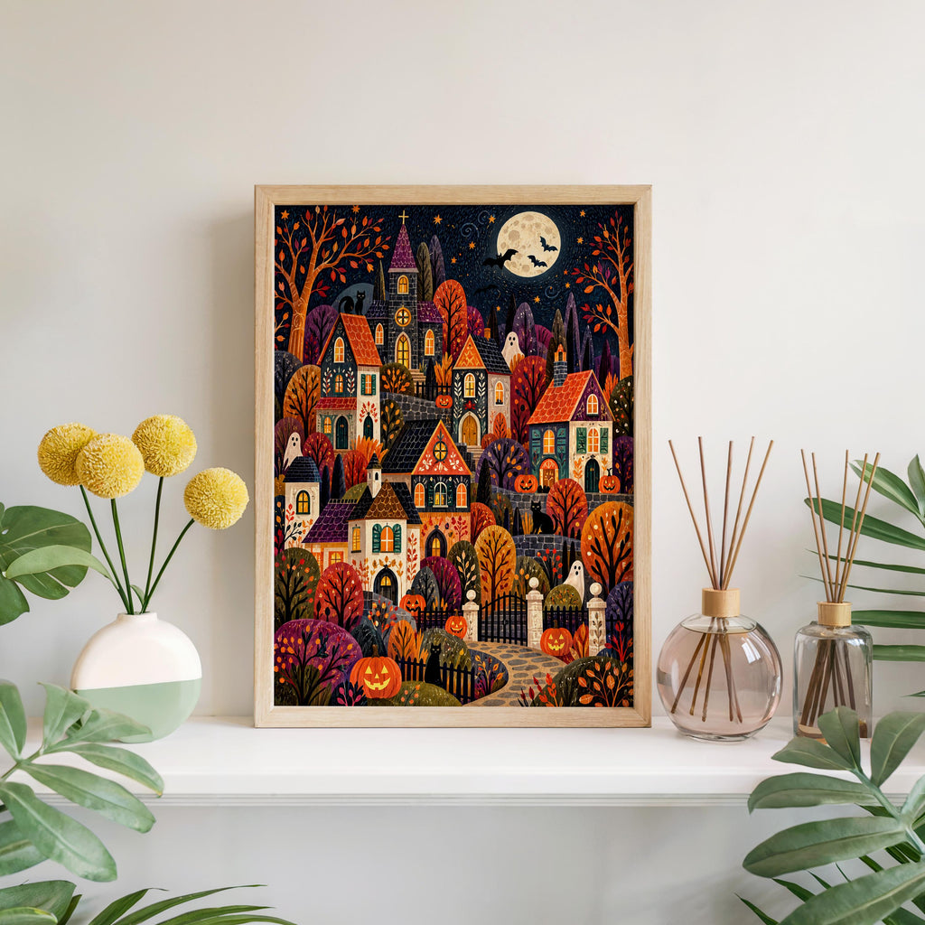 Spooky Village Wall Art, Cute Halloween Folk Art Print, Cozy Autumn Pumpkin Town Decor, Whimsical Fall Painting