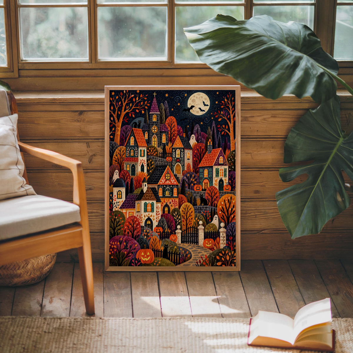 Spooky Village Wall Art, Cute Halloween Folk Art Print, Cozy Autumn Pumpkin Town Decor, Whimsical Fall Painting