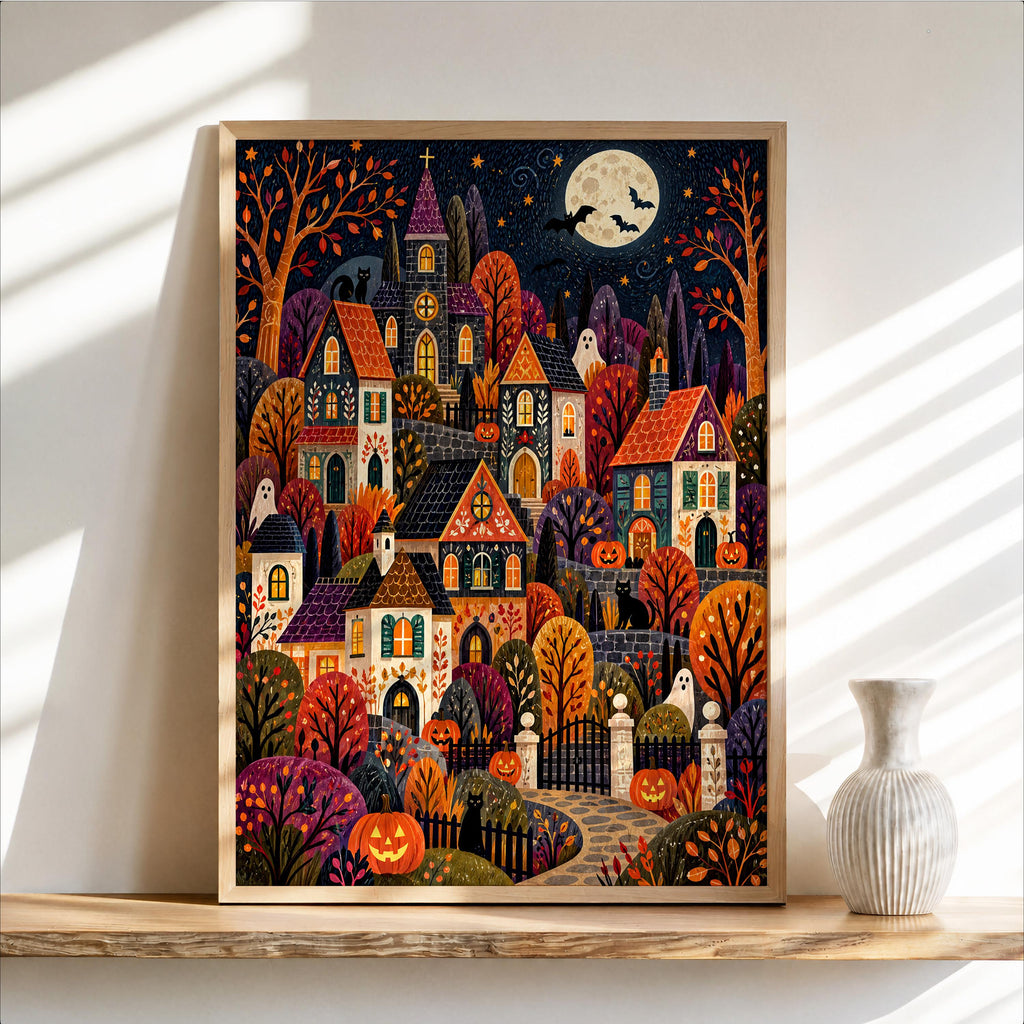 Spooky Village Wall Art, Cute Halloween Folk Art Print, Cozy Autumn Pumpkin Town Decor, Whimsical Fall Painting
