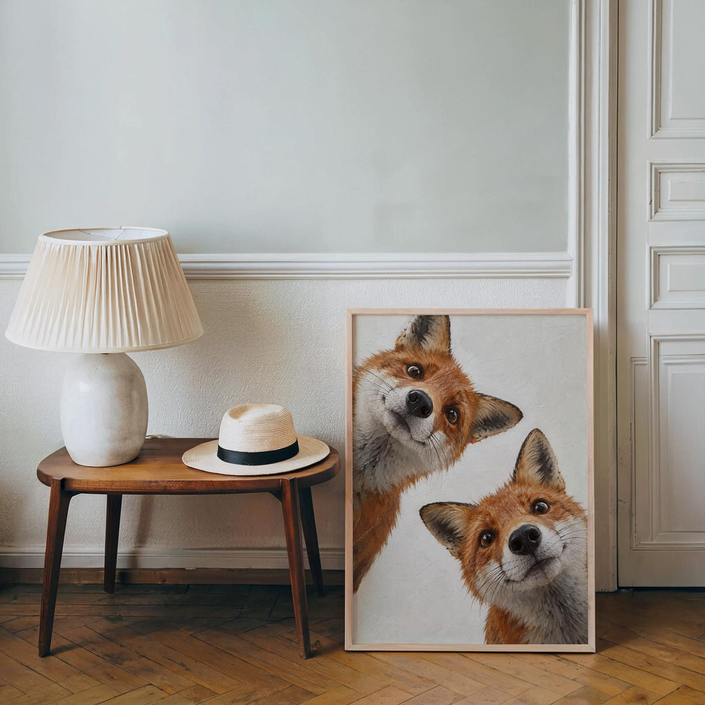 Curious Red Foxes Wall Art, Whimsical Fox Painting, Cute Autumn Print, Rustic Woodland Wildlife Gift, Forest Animal Nursery Decor
