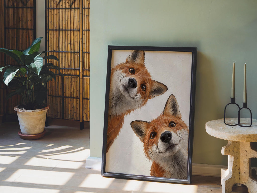 Curious Red Foxes Wall Art, Whimsical Fox Painting, Cute Autumn Print, Rustic Woodland Wildlife Gift, Forest Animal Nursery Decor