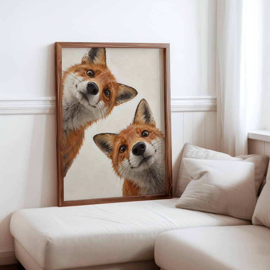 Curious Red Foxes Wall Art, Whimsical Fox Painting, Cute Autumn Print, Rustic Woodland Wildlife Gift, Forest Animal Nursery Decor