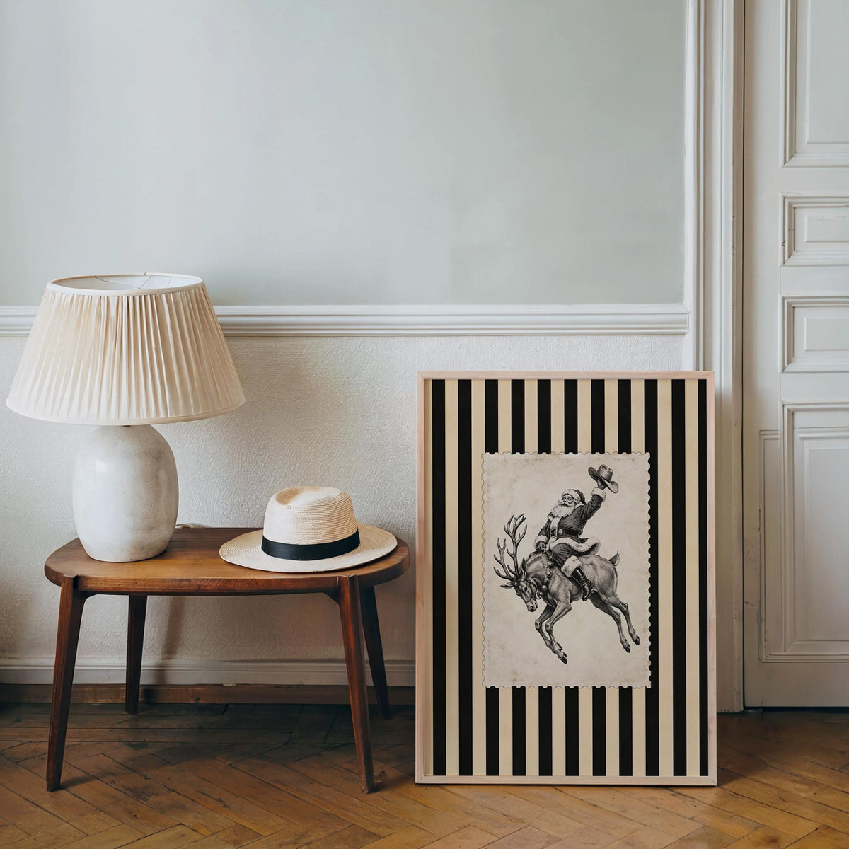 Cowboy Santa Rodeo Wall Art, Vintage Striped Western Christmas Print, Old Fashioned Post Stamp Santa Claus Decor, Holiday Season Sketch