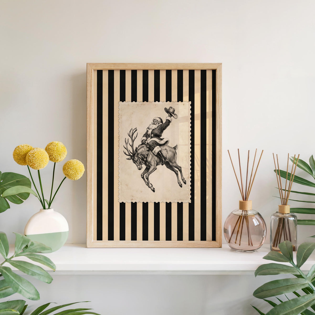 Cowboy Santa Rodeo Wall Art, Vintage Striped Western Christmas Print, Old Fashioned Post Stamp Santa Claus Decor, Holiday Season Sketch
