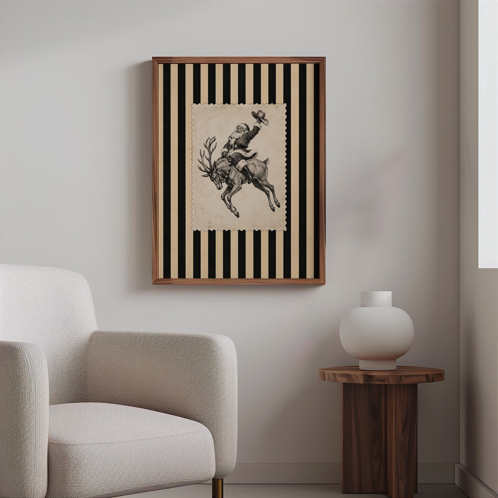 Cowboy Santa Rodeo Wall Art, Vintage Striped Western Christmas Print, Old Fashioned Post Stamp Santa Claus Decor, Holiday Season Sketch