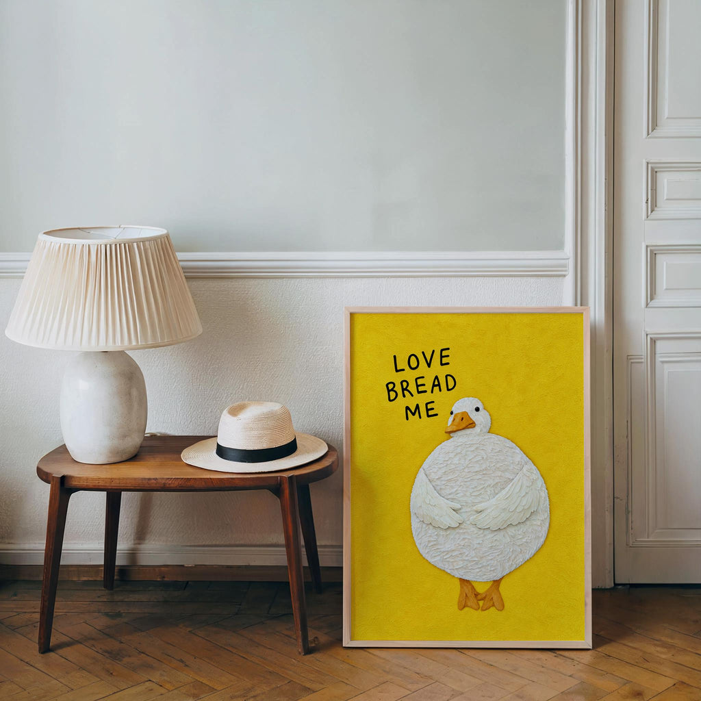 Love Bread Me Duck Print, Silly Goose Quote Wall Art, Cute Farmhouse Bird Poster, Yellow Kitchen Illustration
