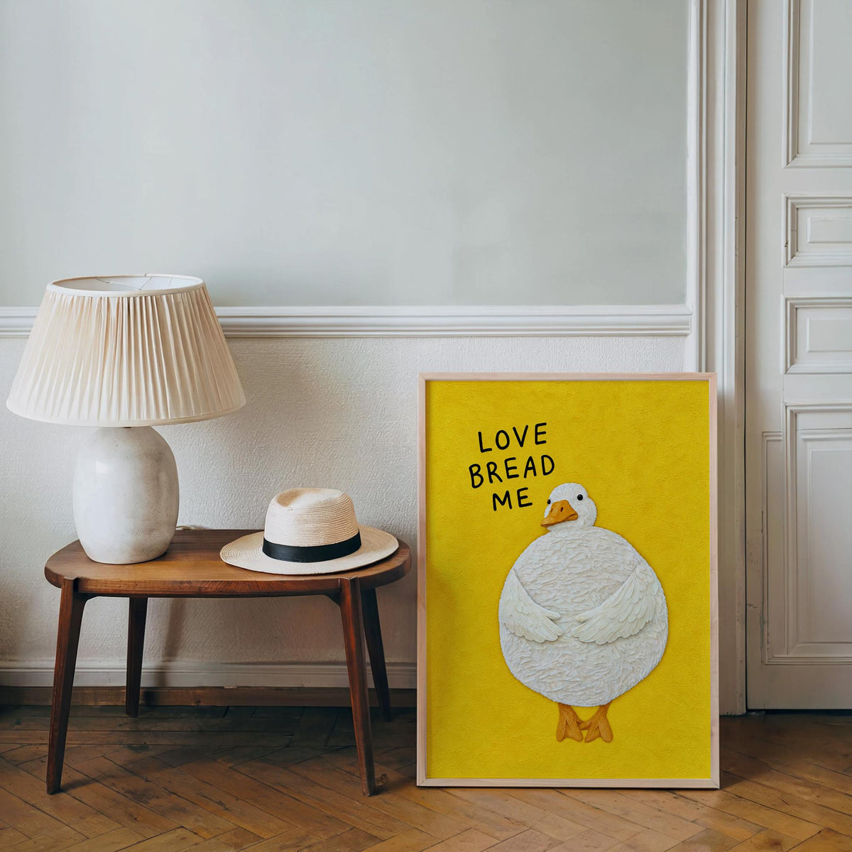 Love Bread Me Duck Print, Silly Goose Quote Wall Art, Cute Farmhouse Bird Poster, Yellow Kitchen Illustration