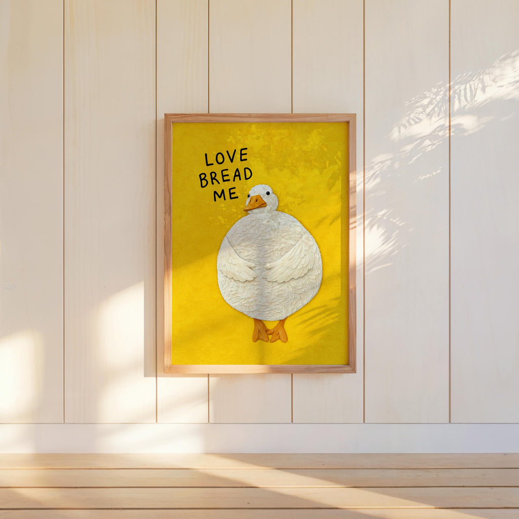 Love Bread Me Duck Print, Silly Goose Quote Wall Art, Cute Farmhouse Bird Poster, Yellow Kitchen Illustration