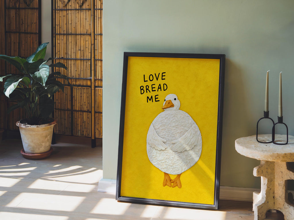 Love Bread Me Duck Print, Silly Goose Quote Wall Art, Cute Farmhouse Bird Poster, Yellow Kitchen Illustration