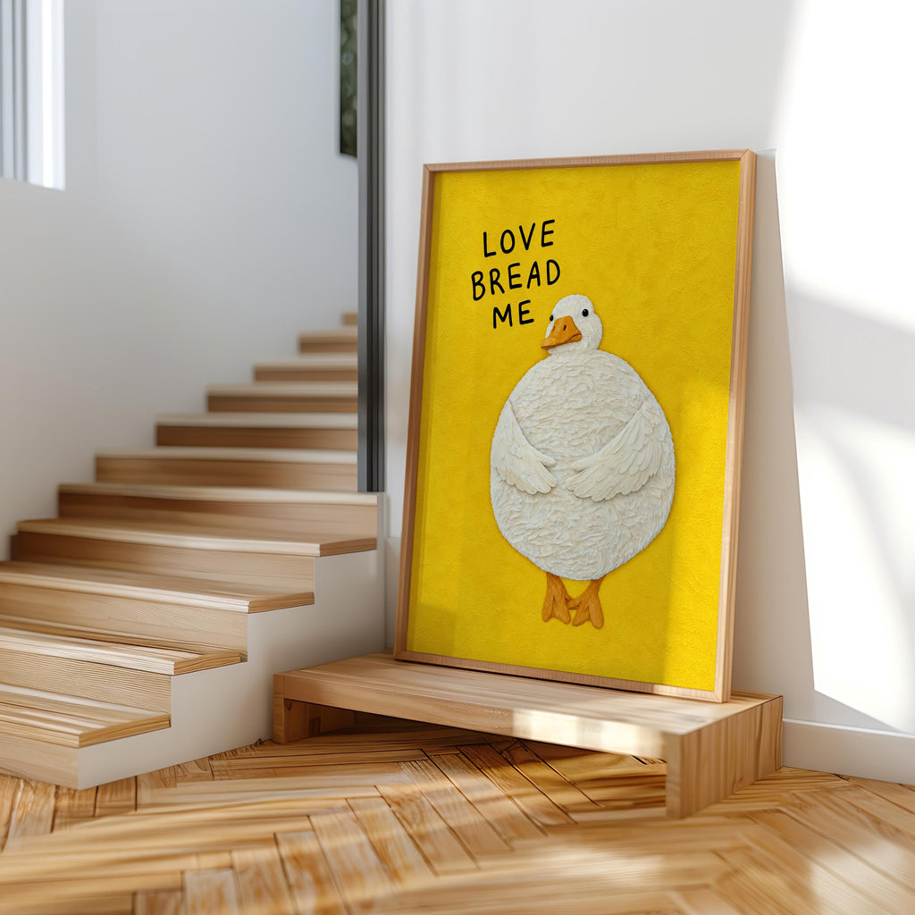 Love Bread Me Duck Print, Silly Goose Quote Wall Art, Cute Farmhouse Bird Poster, Yellow Kitchen Illustration