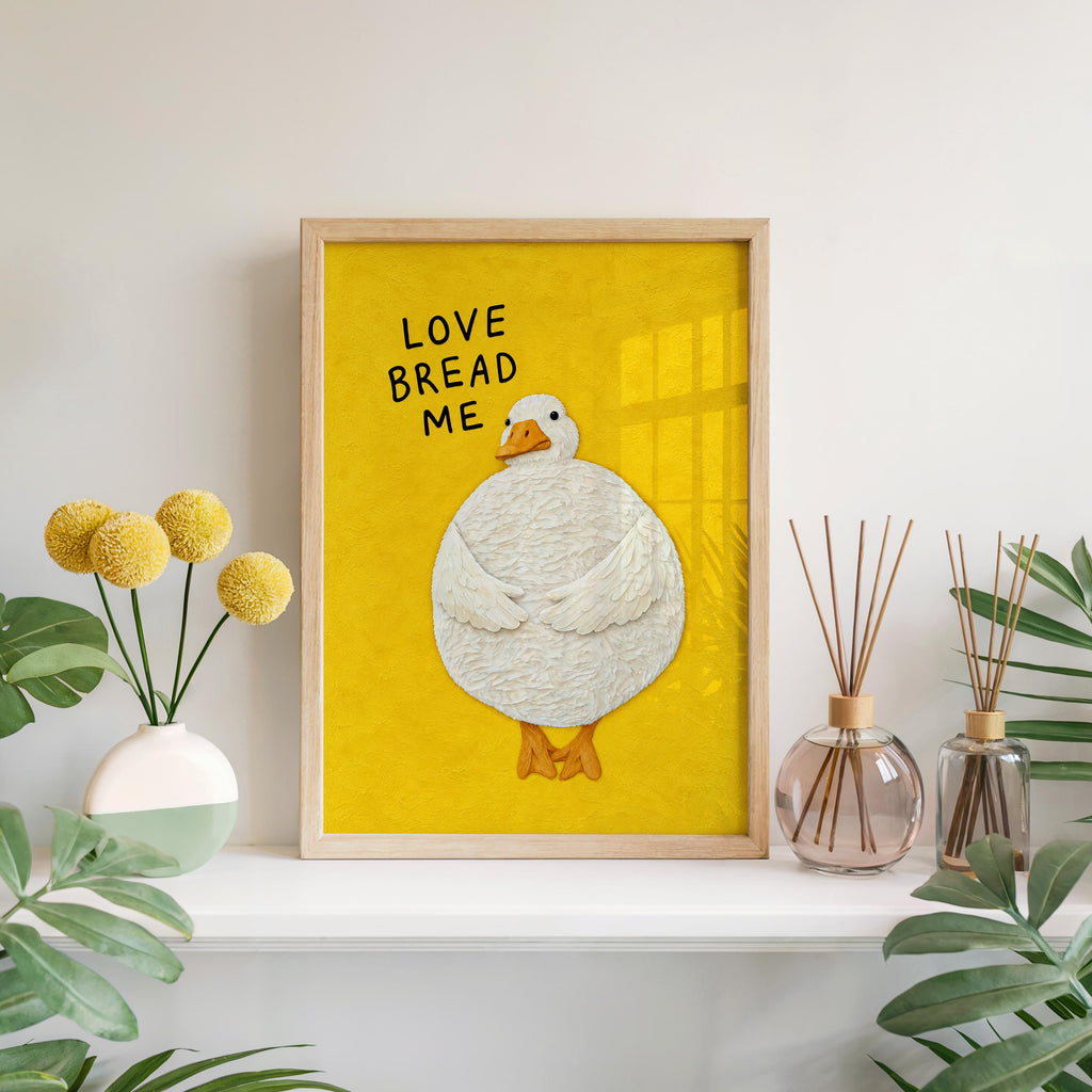 Love Bread Me Duck Print, Silly Goose Quote Wall Art, Cute Farmhouse Bird Poster, Yellow Kitchen Illustration