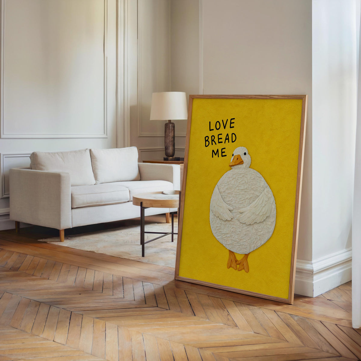 Love Bread Me Duck Print, Silly Goose Quote Wall Art, Cute Farmhouse Bird Poster, Yellow Kitchen Illustration