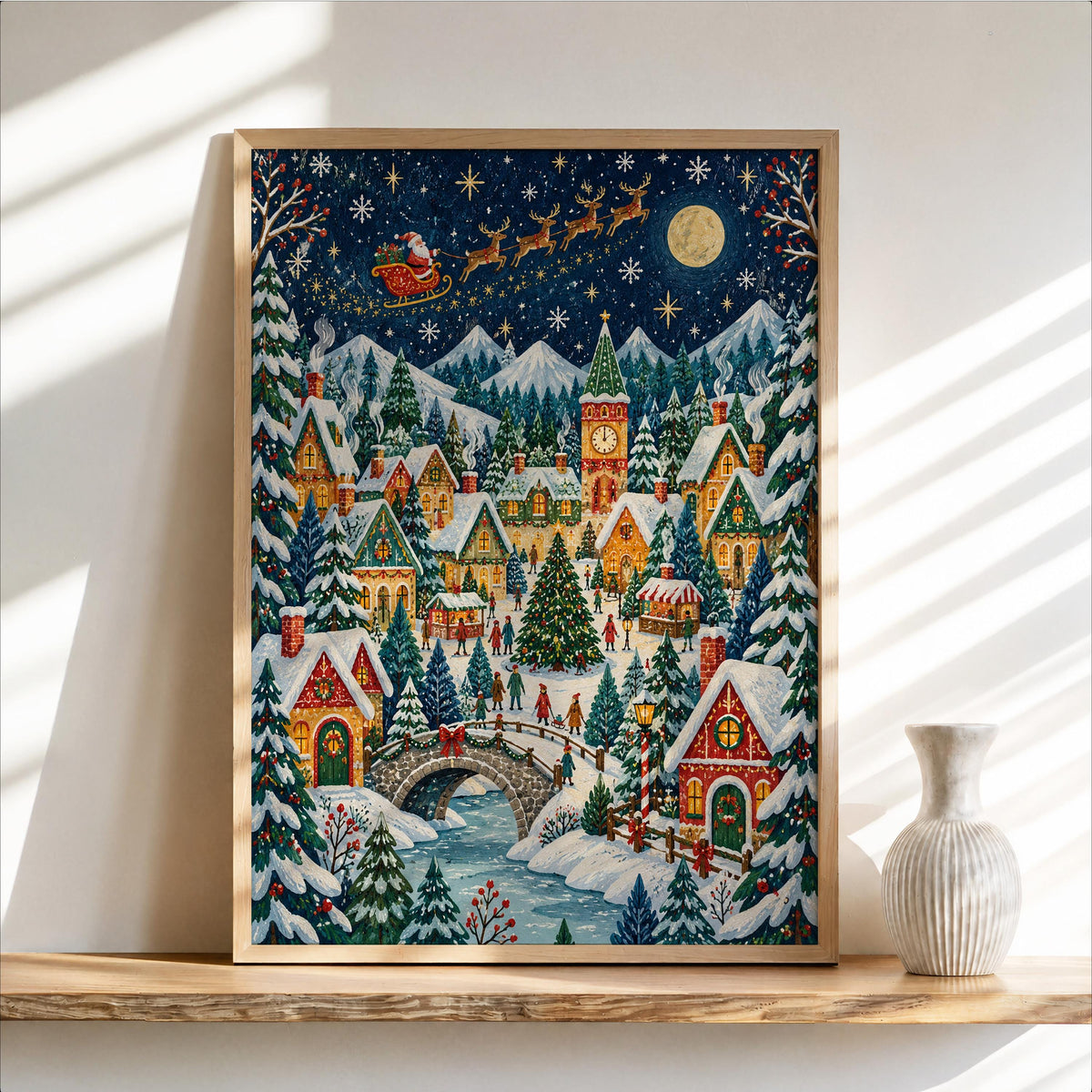 Christmas Village & Santa Claus Wall Art, Vintage Folk Illustration, Snowy Holiday Town Decor, Whimsical Reindeer Forest Print