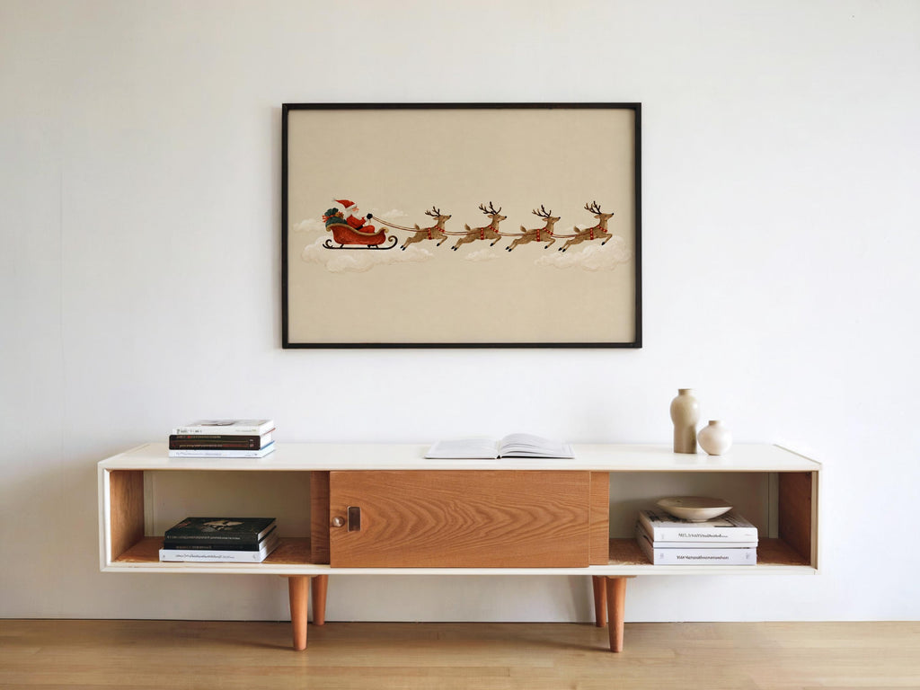 Santa Sleigh Reindeer Wall Art, Vintage Folk Christmas Illustration, Minimalist Holiday Print, Whimsical Winter Decor