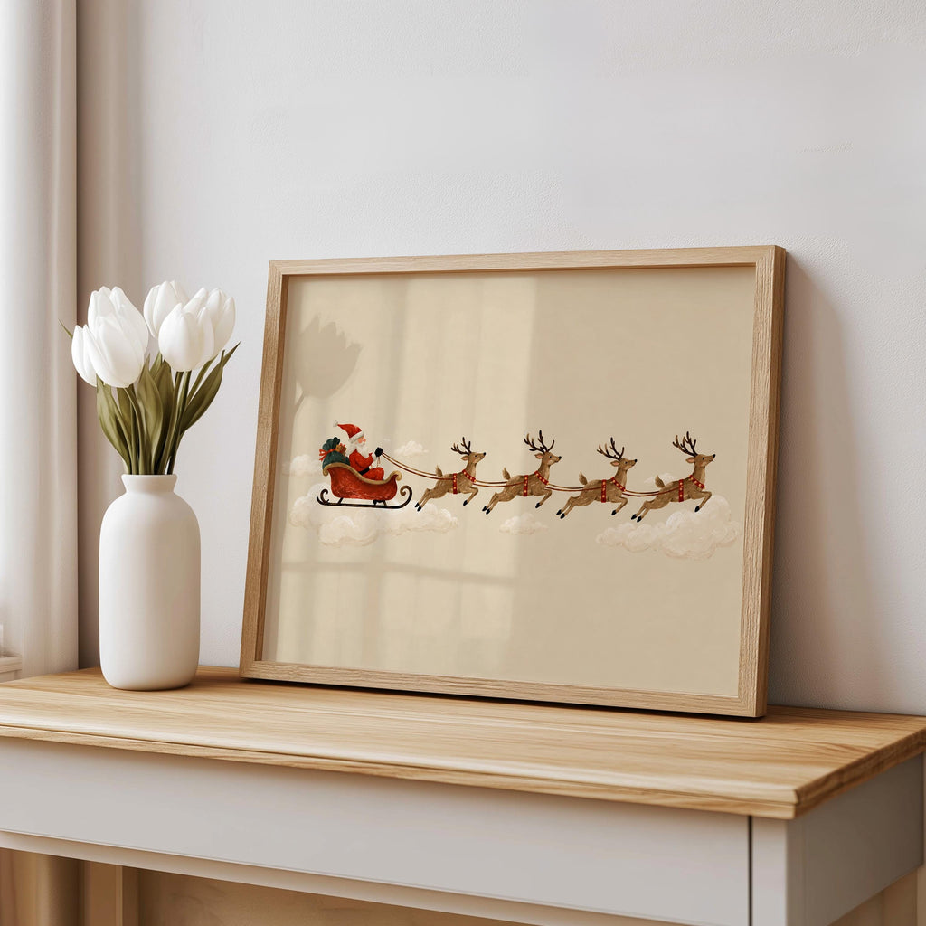 Santa Sleigh Reindeer Wall Art, Vintage Folk Christmas Illustration, Minimalist Holiday Print, Whimsical Winter Decor