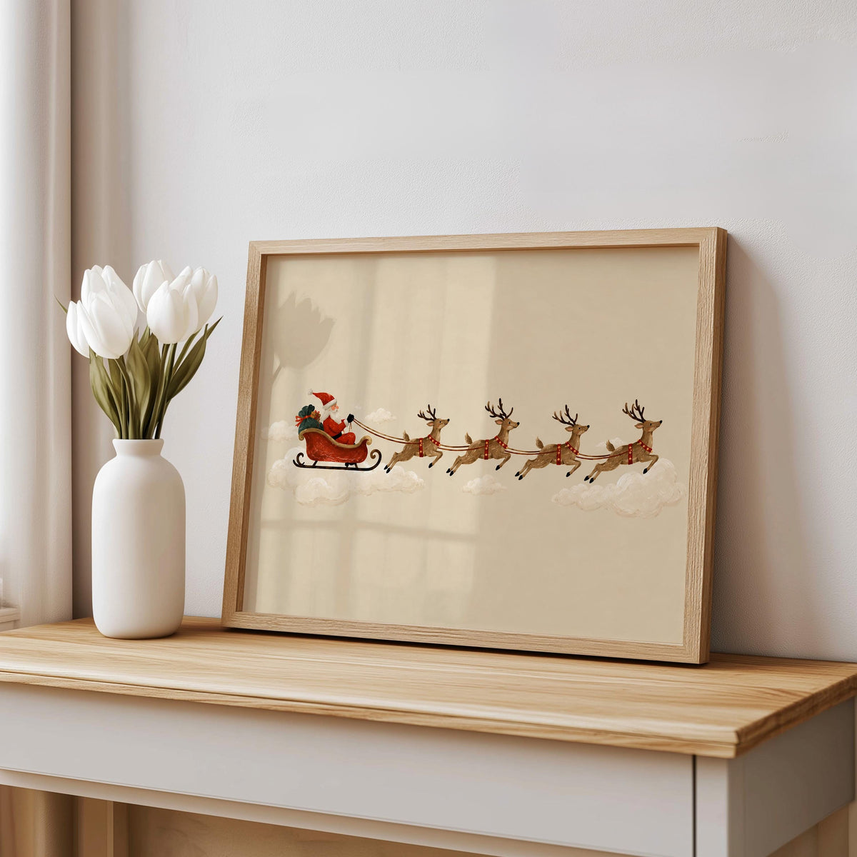 Santa Sleigh Reindeer Wall Art, Vintage Folk Christmas Illustration, Minimalist Holiday Print, Whimsical Winter Decor