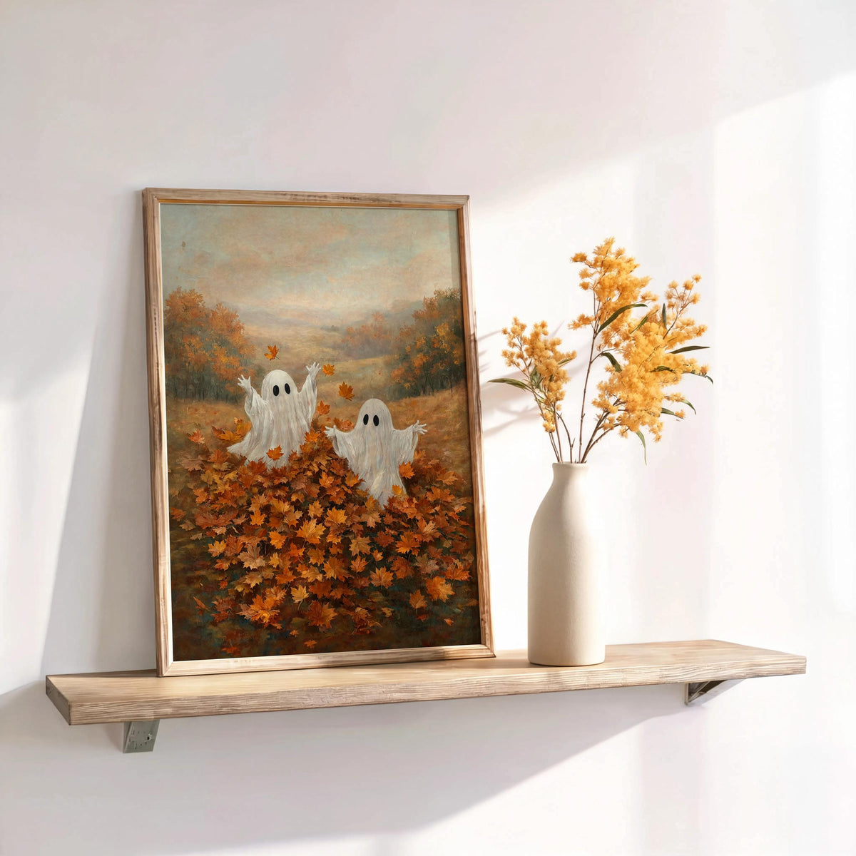 Ghosts Playing in Autumn Leaves Print, Whimsical Halloween Wall Art, Spooky Season Folk Art, Cute Harvest Fall Gift