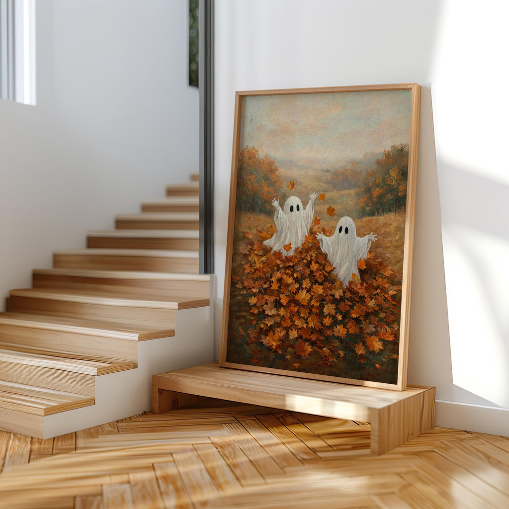 Ghosts Playing in Autumn Leaves Print, Whimsical Halloween Wall Art, Spooky Season Folk Art, Cute Harvest Fall Gift