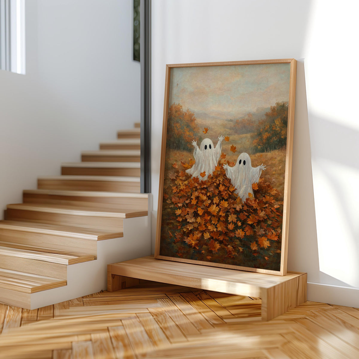 Ghosts Playing in Autumn Leaves Print, Whimsical Halloween Wall Art, Spooky Season Folk Art, Cute Harvest Fall Gift