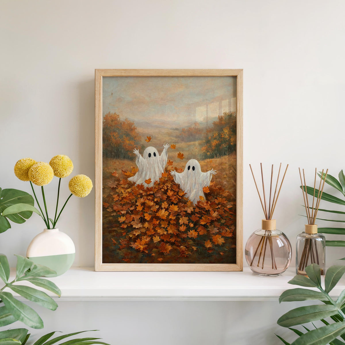 Ghosts Playing in Autumn Leaves Print, Whimsical Halloween Wall Art, Spooky Season Folk Art, Cute Harvest Fall Gift