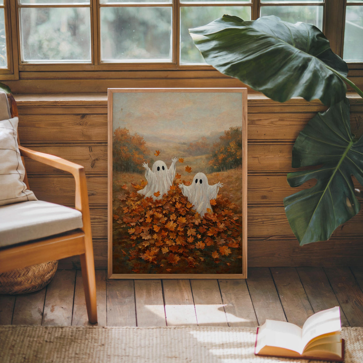 Ghosts Playing in Autumn Leaves Print, Whimsical Halloween Wall Art, Spooky Season Folk Art, Cute Harvest Fall Gift