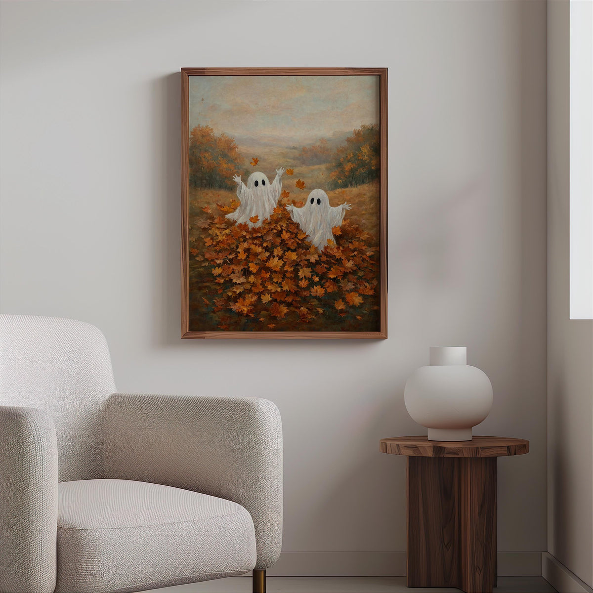 Ghosts Playing in Autumn Leaves Print, Whimsical Halloween Wall Art, Spooky Season Folk Art, Cute Harvest Fall Gift